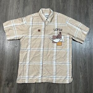 Lot 29 Shirt Large Tan Plaid Daffy Duck Looney Tunes Linen Blend Short Sleeve